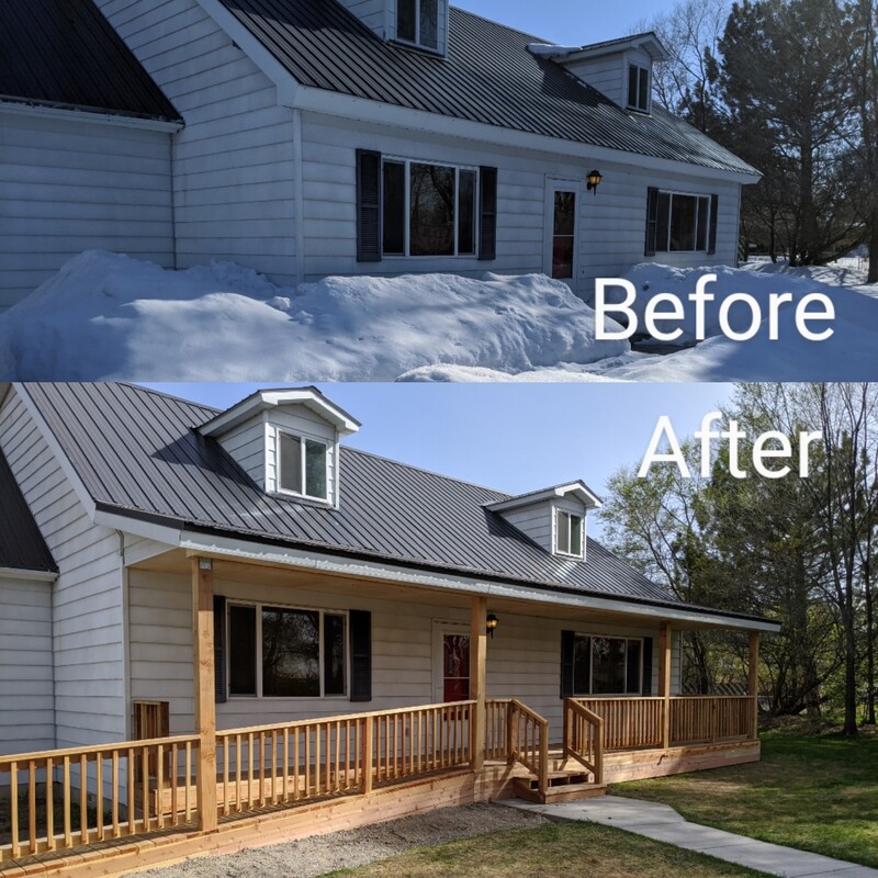 Witness the amazing transformation of this home's entryway with a custom covered front porch addition by DeckPro LLC. This "before and after" comparison highlights how a new natural wood porch with sturdy railings not only adds significant curb appeal but also creates a functional, protected outdoor space.